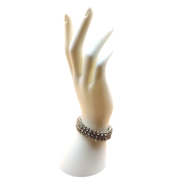 Vintage Expandable Bracelet, 3 Row Crystal Bling Stretch Bangle, Silver Tone - Picture 1 of 5